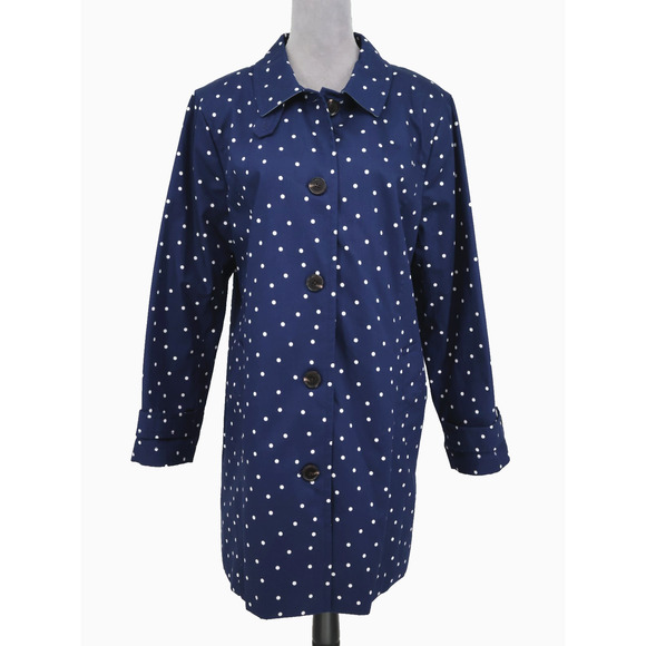 Talbots Trench Coat Womens XL Navy Blue Polka Dot Cotton Twill Lined Jacket - Picture 1 of 16